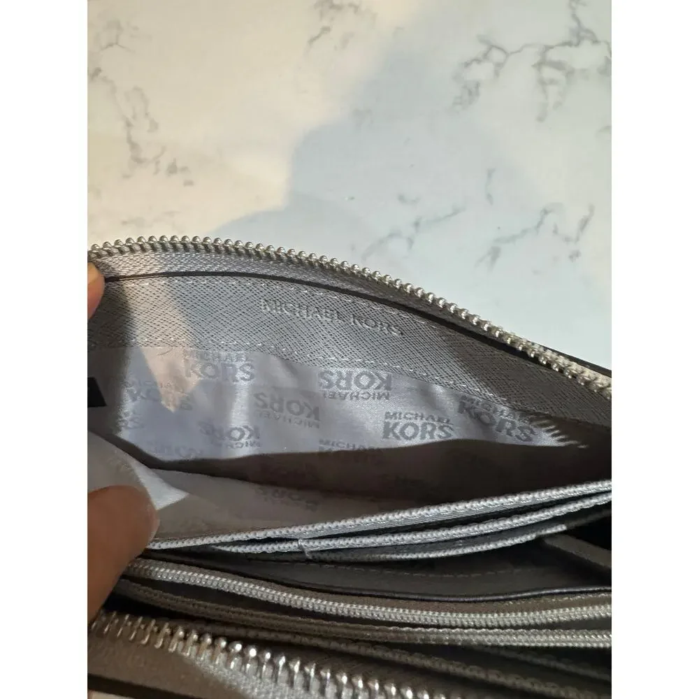 Michael Kors Gray Studded Jet Set Continental Wallet clutch textured leather